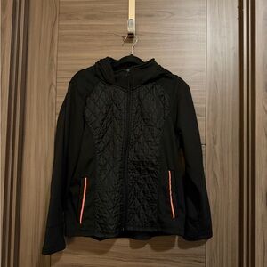 Black Quilted Women's Jacket with Orange Accents